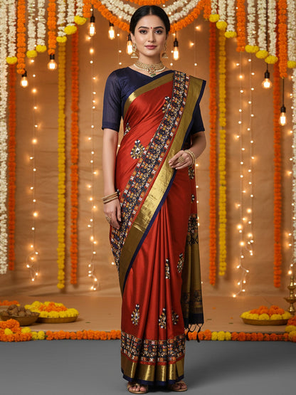 Red Party Wear Aura Embroidered Saree