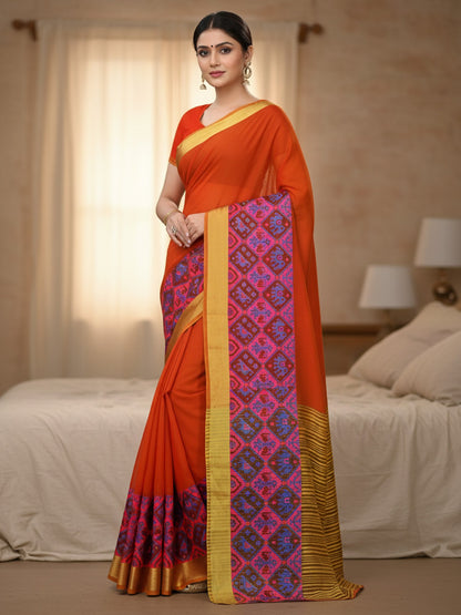 Orange Banarasi Cotton Silk Woven Saree