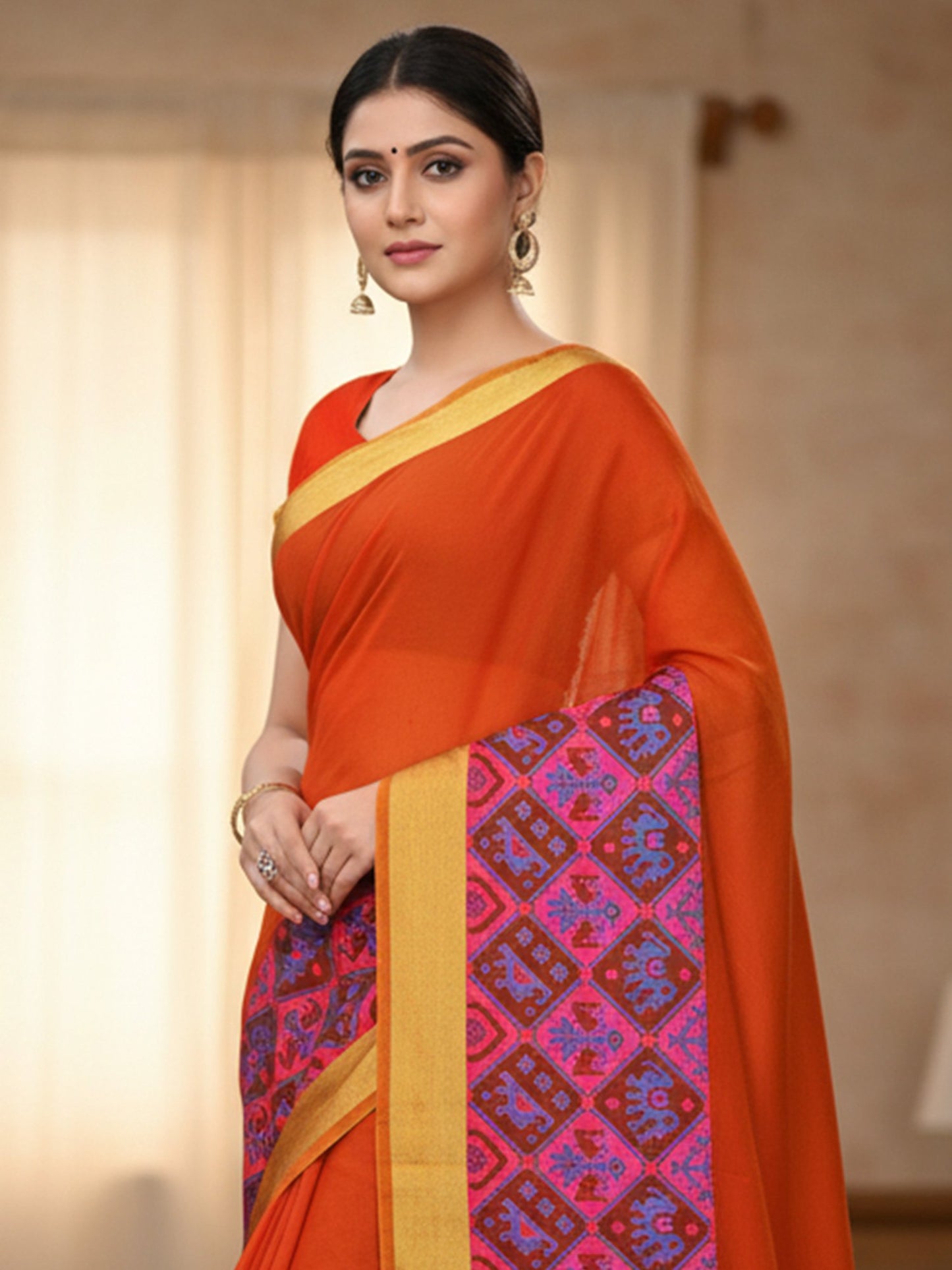 Orange Banarasi Cotton Silk Woven Saree