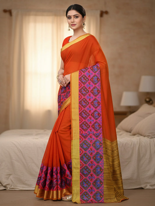 Orange Orange Banarasi Cotton Silk Woven Saree