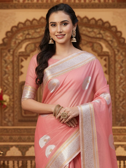 Pink Banarasi Silk Blend Woven Saree