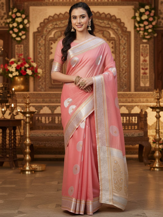 Pink Pink Banarasi Silk Blend Woven Saree