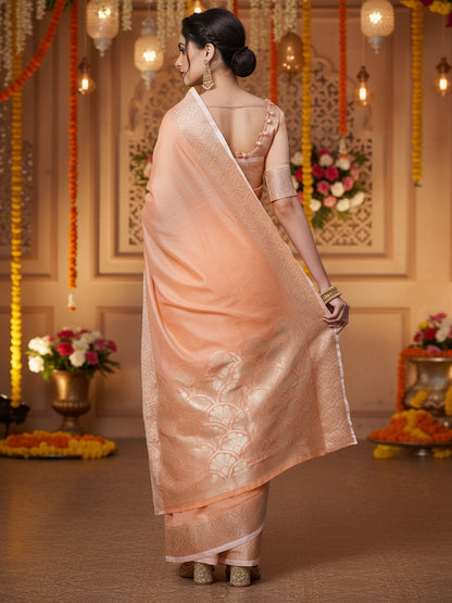 Peach Banarasi Linen Blend Woven Saree