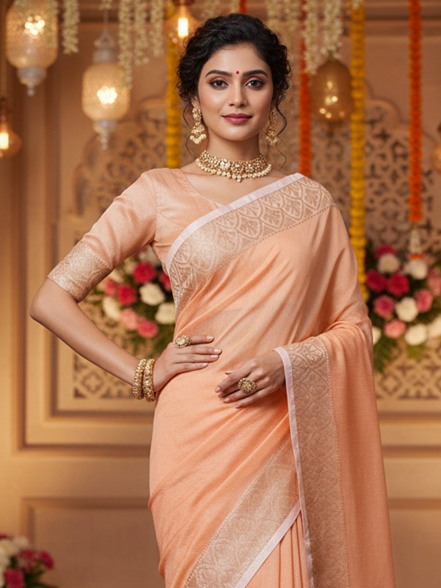 Peach Banarasi Linen Blend Woven Saree