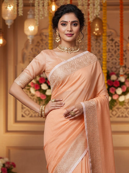 Peach Banarasi Linen Blend Woven Saree