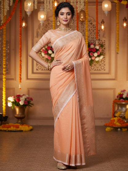 Pink Peach Banarasi Linen Blend Woven Saree