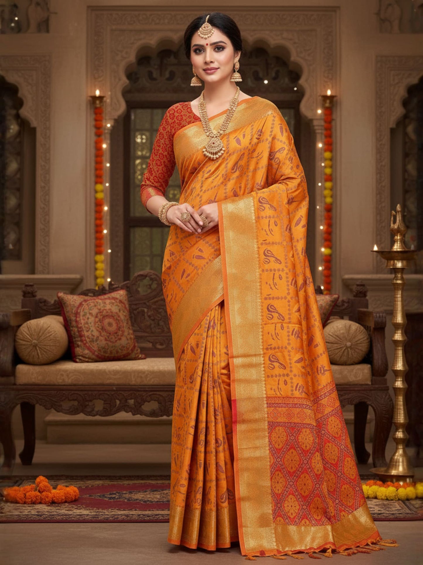 Yellow Banarasi Silk Blend Printed Saree