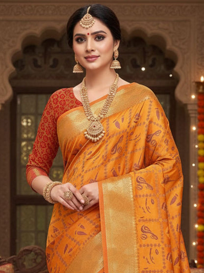 Yellow Banarasi Silk Blend Printed Saree