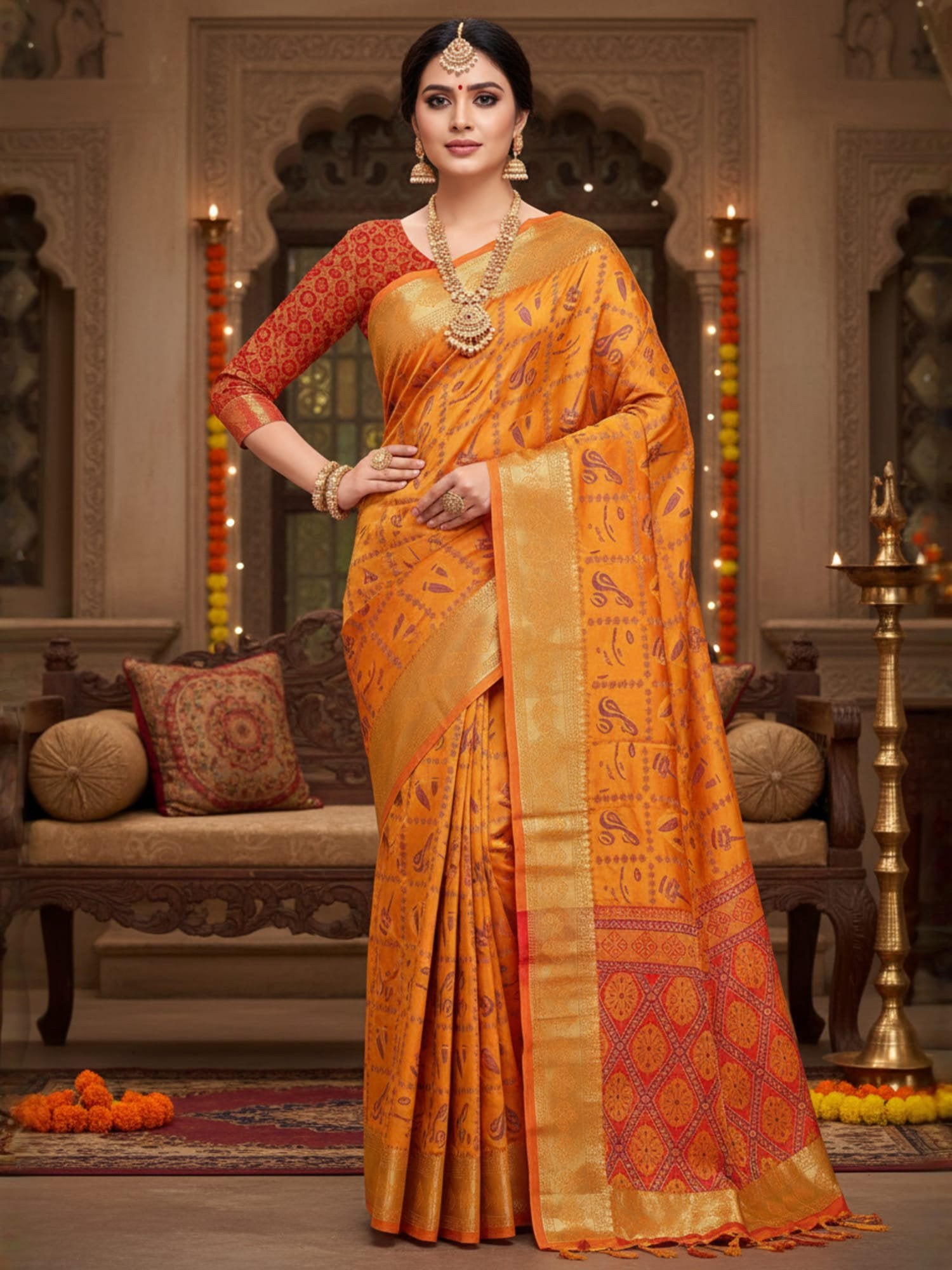 Yellow Yellow Banarasi Silk Blend Printed Saree