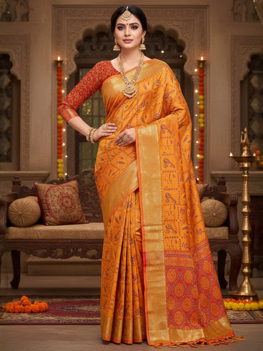 Yellow Yellow Banarasi Silk Blend Printed Saree