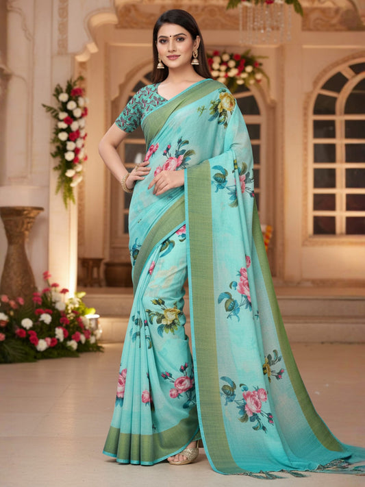 Blue Light Banarasi Linen Printed Saree