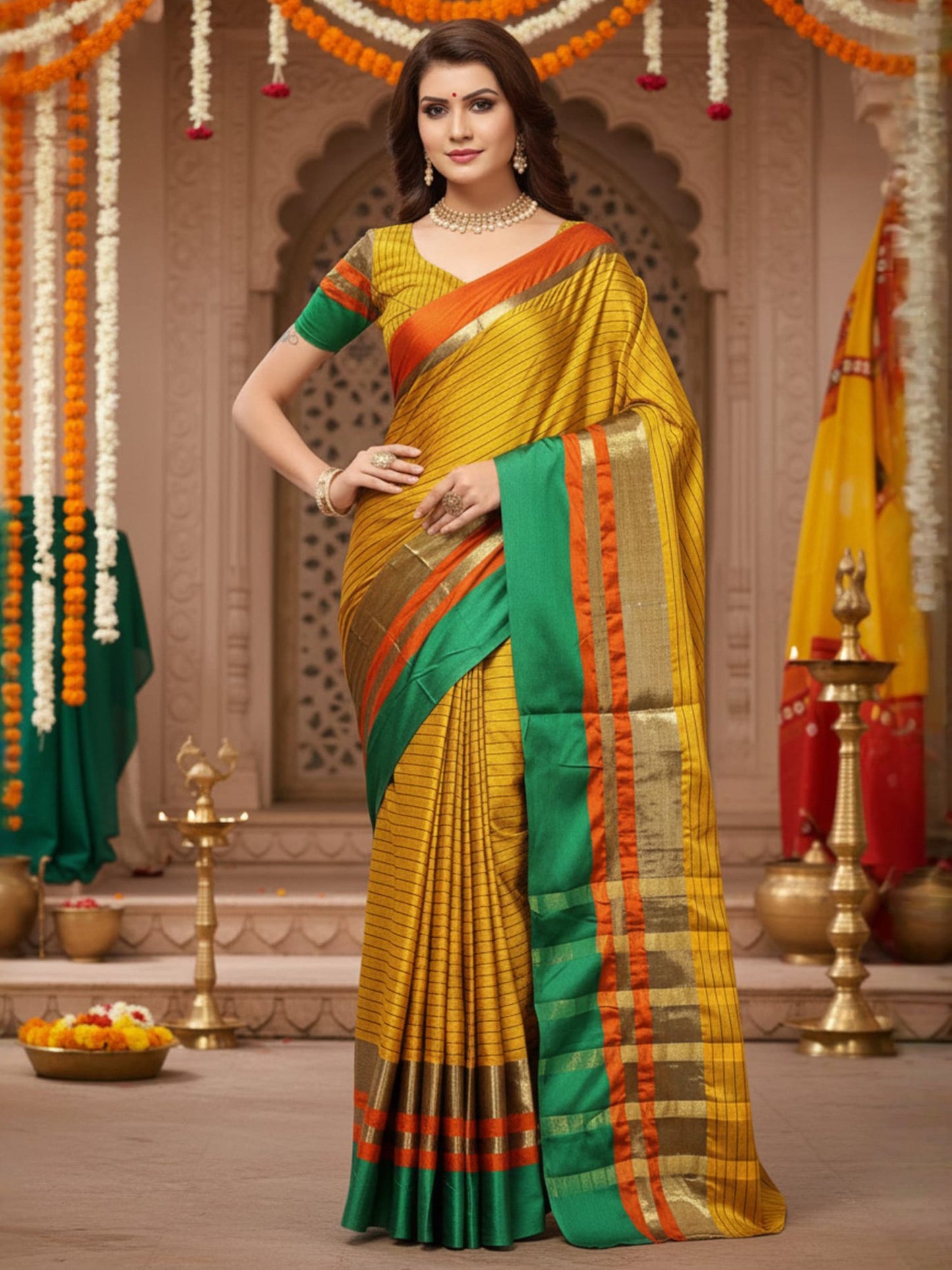Mustard Banarasi Cotton Silk Printed Saree