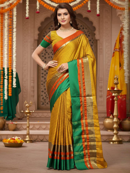 Mustard Banarasi Cotton Silk Printed Saree
