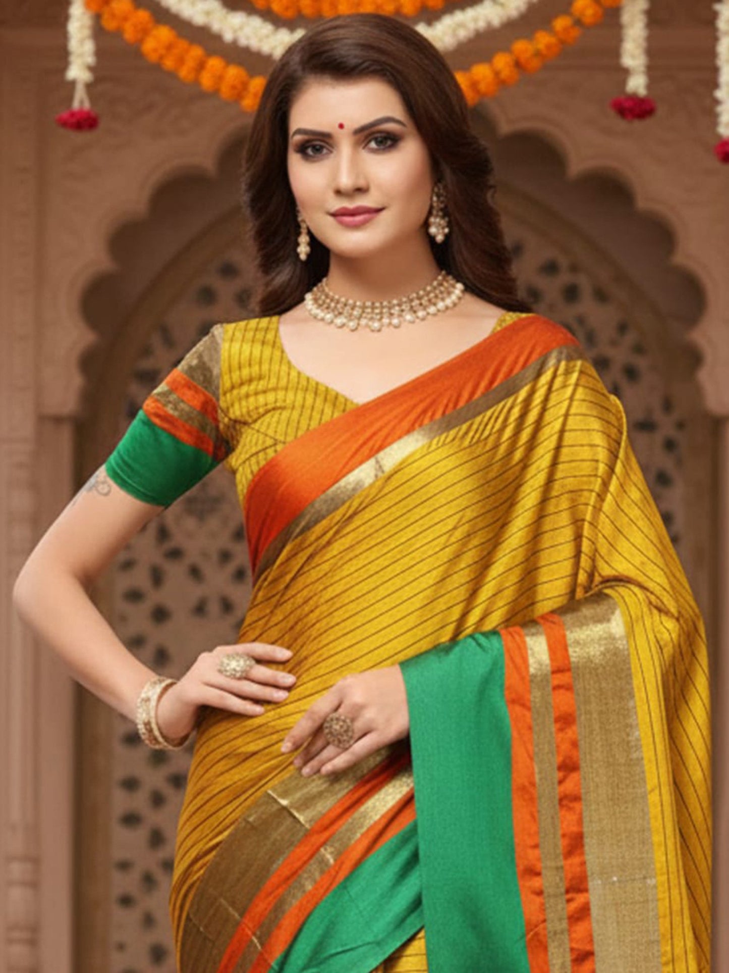 Mustard Banarasi Cotton Silk Printed Saree