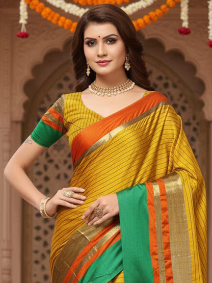 Mustard Banarasi Cotton Silk Printed Saree