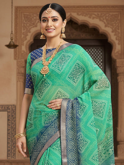 Green Bandhani Georgette Printed Saree