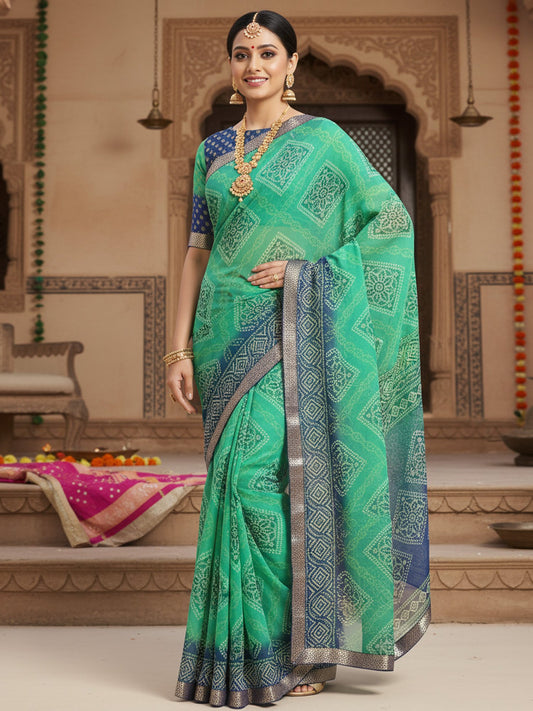 Green Green Bandhani Georgette Printed Saree