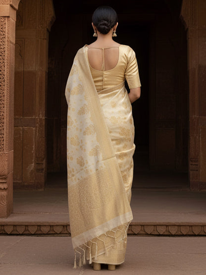 Beige Banarasi Silk Blend Woven Saree