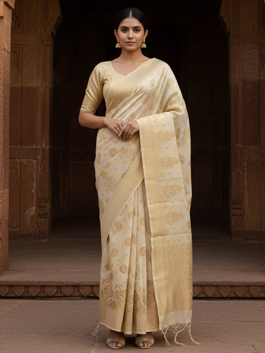 Cream Beige Banarasi Silk Blend Woven Saree