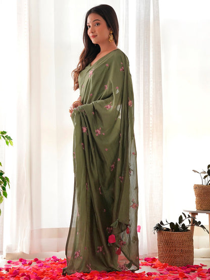 Olive Party Wear Vichitra Silk Embroidered Saree