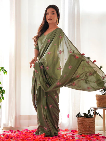 Olive Party Wear Vichitra Silk Embroidered Saree