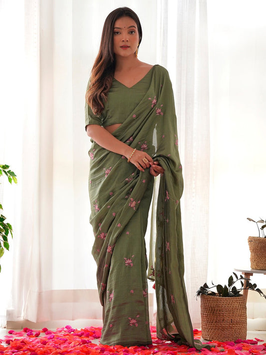 Green Olive Party Wear Vichitra Silk Embroidered Saree