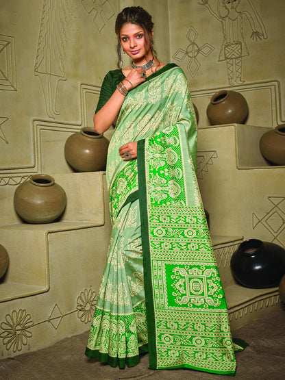 Green Green Ikat Bhagalpuri Silk Printed Saree