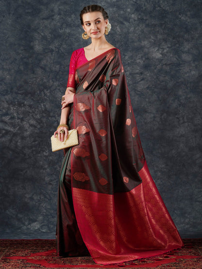 Brown Banarasi Silk Blend Woven Saree