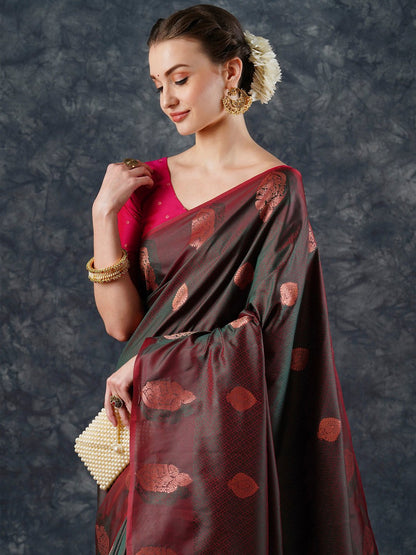 Brown Banarasi Silk Blend Woven Saree