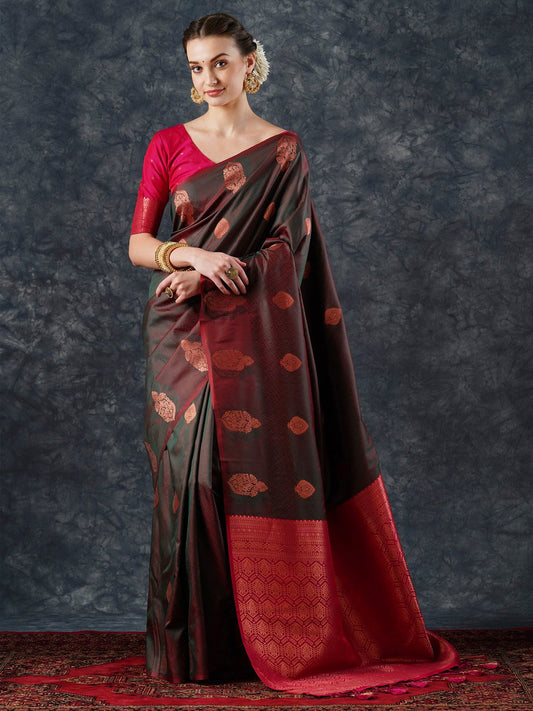 Brown Brown Banarasi Silk Blend Woven Saree