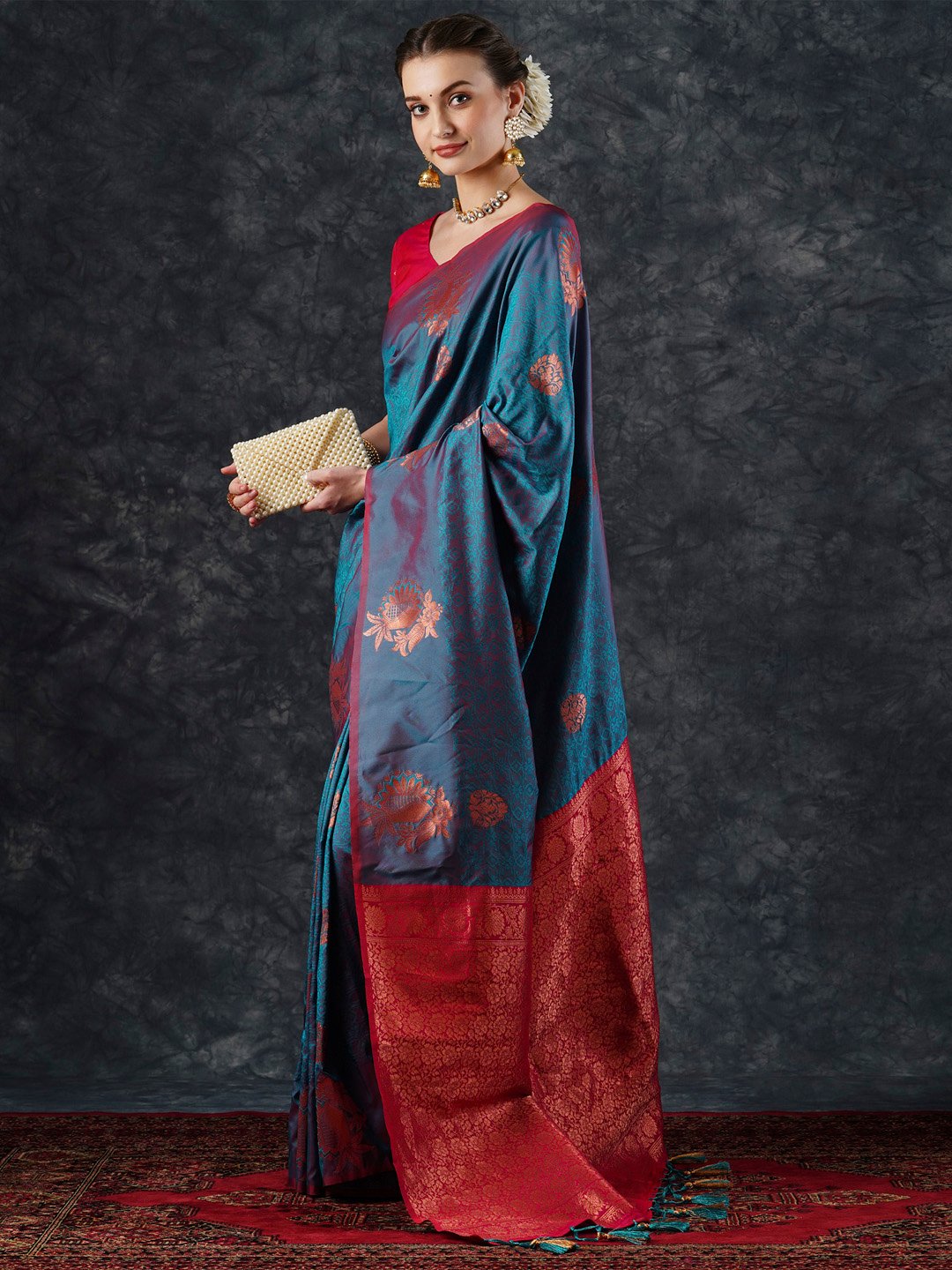 Teal Banarasi Silk Blend Woven Saree