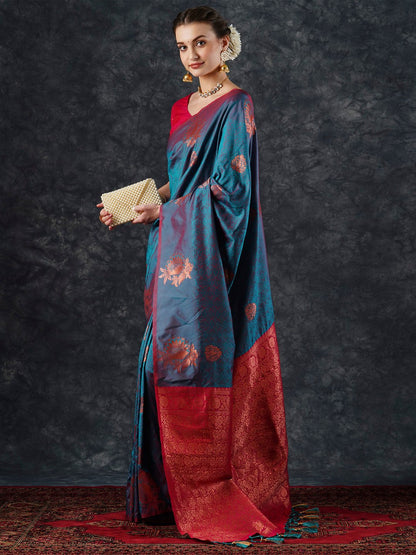 Teal Banarasi Silk Blend Woven Saree