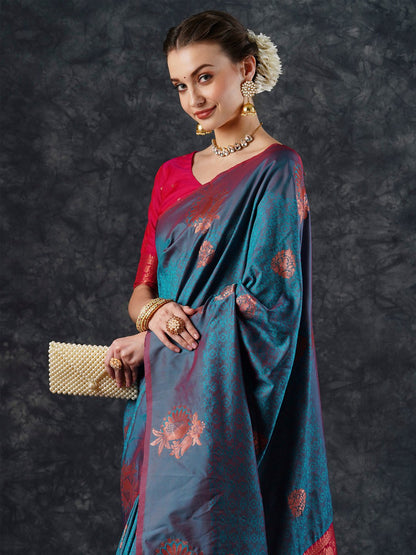 Teal Banarasi Silk Blend Woven Saree
