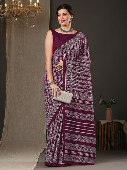 Magenta Dabu Bhagalpuri Silk Printed Saree