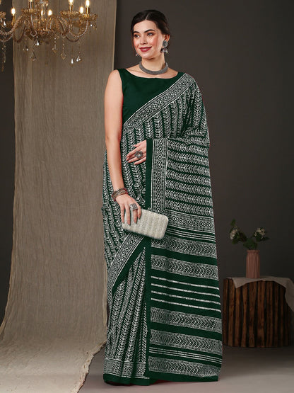 Green Dabu Bhagalpuri Silk Printed Saree