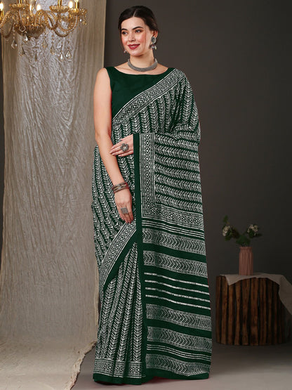Green Green Dabu Bhagalpuri Silk Printed Saree