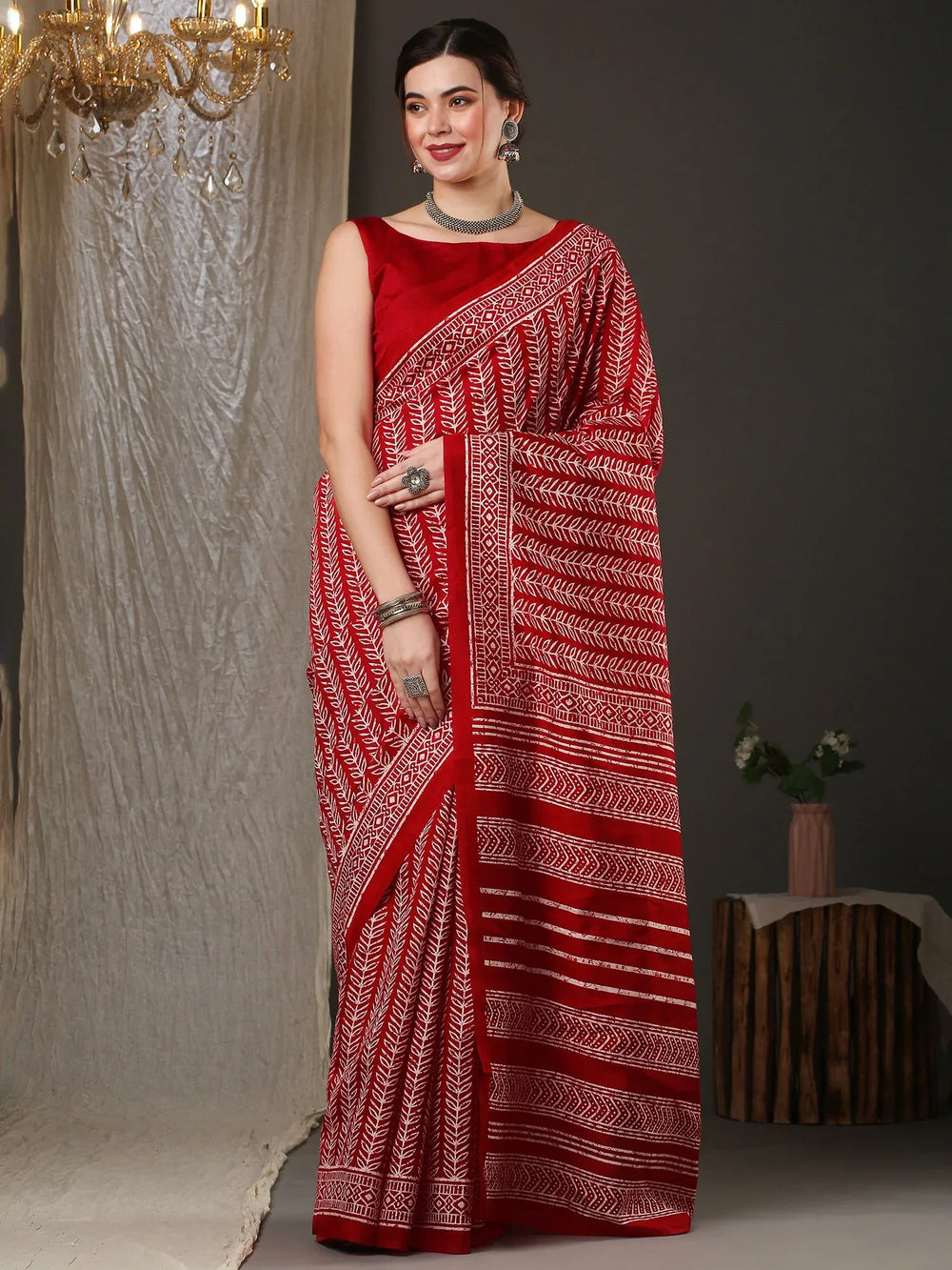 Hot Red Bhagalpuri Silk Saree - The Dori Store