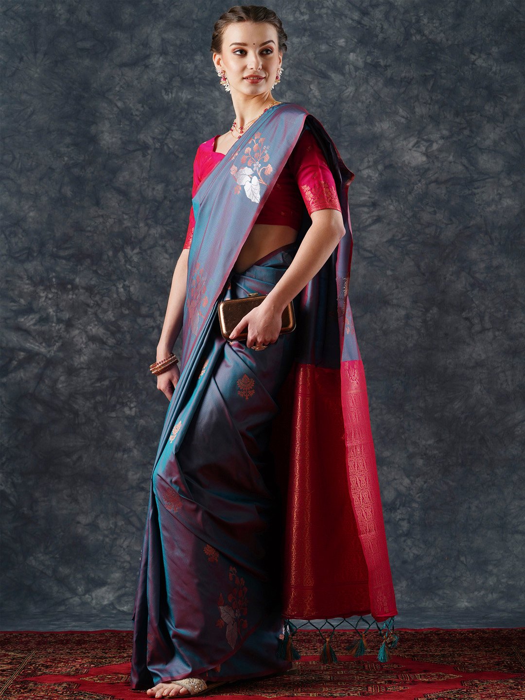 Teal Banarasi Silk Blend Woven Saree