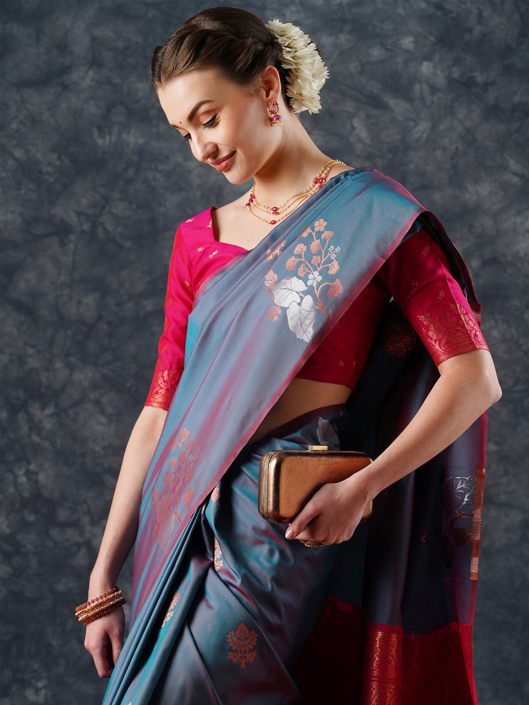 Teal Banarasi Silk Blend Woven Saree
