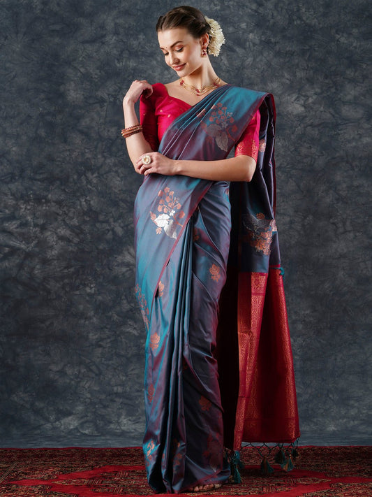 Blue Teal Banarasi Silk Blend Woven Saree