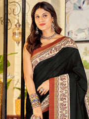 Black Tussar Bhagalpuri Silk Printed Saree