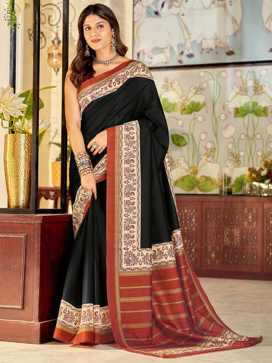 Black Black Tussar Bhagalpuri Silk Printed Saree