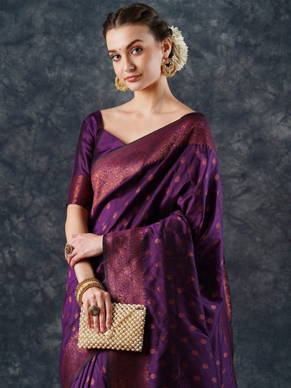 Purple Banarasi Silk Blend Woven Saree