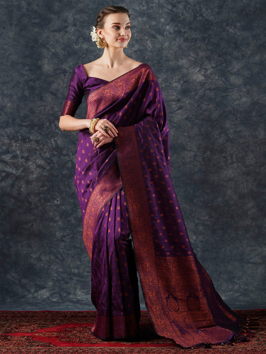 Purple Purple Banarasi Silk Blend Woven Saree