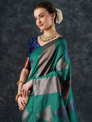Bright Teal Green Soft Silk Saree - The Dori Store