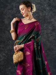 Green Banarasi Silk Blend Woven Saree - The Dori Store