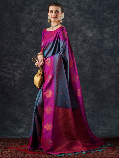 Teal Banarasi Silk Blend Woven Saree