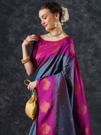 Teal Banarasi Silk Blend Woven Saree
