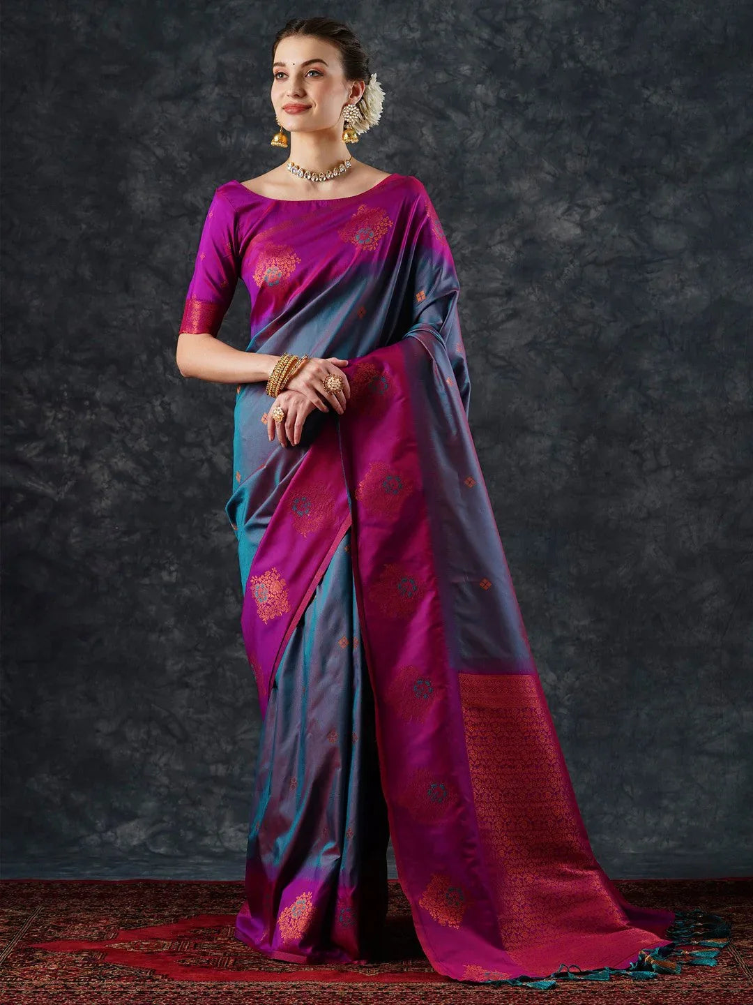 Blue Teal Banarasi Silk Blend Woven Saree