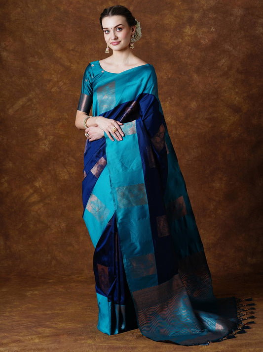 Blue Navy Banarasi Silk Blend Woven Saree